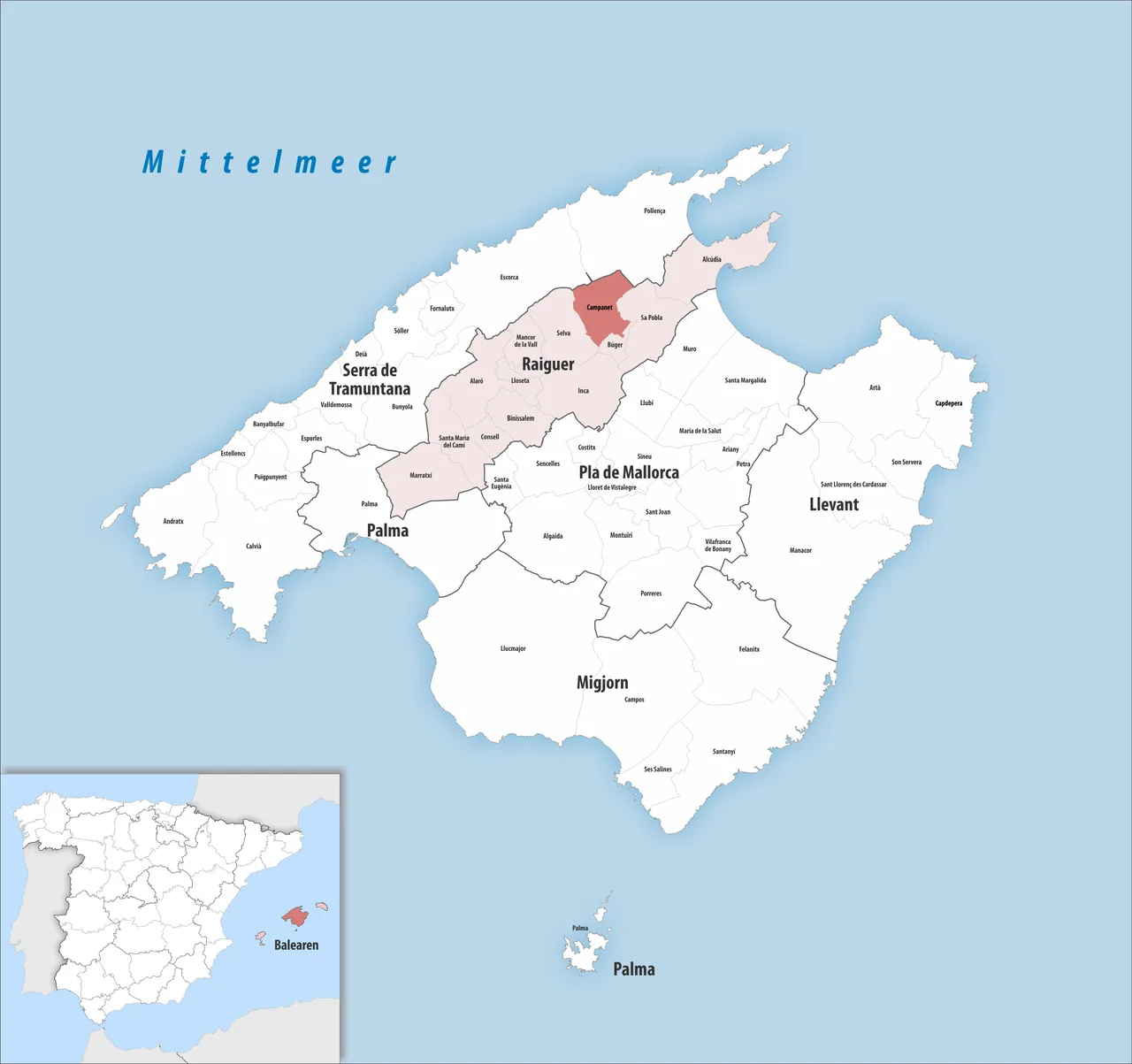 Karte der Gemeinde Campanet in Mallorca, mit umliegenden Gemeinden.