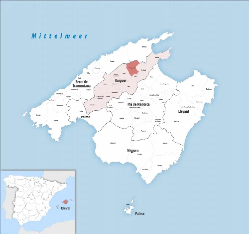 Karte der Gemeinde Campanet in Mallorca, mit umliegenden Gemeinden.