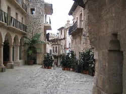 Camino de piedra con plantas en macetas en Palma, Mallorca.