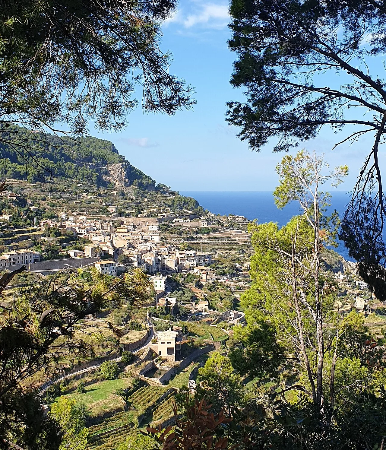 Landschaft mit Häusern, Terrassen und Meer im Hintergrund.