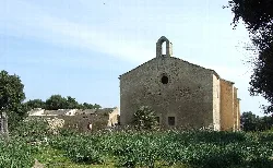 Una antigua iglesia de piedra con diseño simple y rodeada de vegetación.