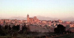 Stadt Sineu mit Kirche und umliegenden Feldern und Bergen.
